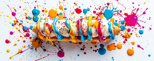 Eclair with splashes of vibrant paint colors, isolated on white, artistic and delicious