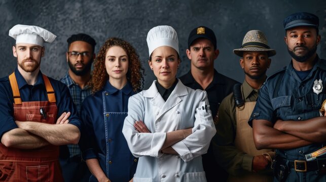 professional group portrait for Labor Day, where each person is dressed in the uniform of their trade.
