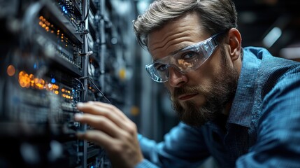 Fototapeta premium An IT engineer working on server maintenance, carefully inspecting network connections in a high-tech setting