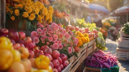 sunlit farmers market bursting with colorful produce wooden stalls overflow with fresh fruits vegetables and flowers creating a vibrant tapestry of local bounty