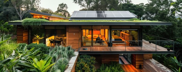 Modern eco-friendly house blends with nature, featuring solar panels and lush greenery, perfect for sustainable living.