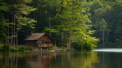 Fototapeta premium Log cabin cottage hidden in the trees by the Lake