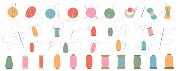 Set of colorful yarn, needle and spool illustrations. Needles with threads or with balls of yarn perfect for crafting, knitting, and sewing themes. Ideal for creative projects and design inspiration.