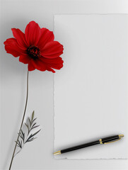 Red Cosmos flowers with blank white paper and pen, invitation mock up, quote mock up, note mock up. 
