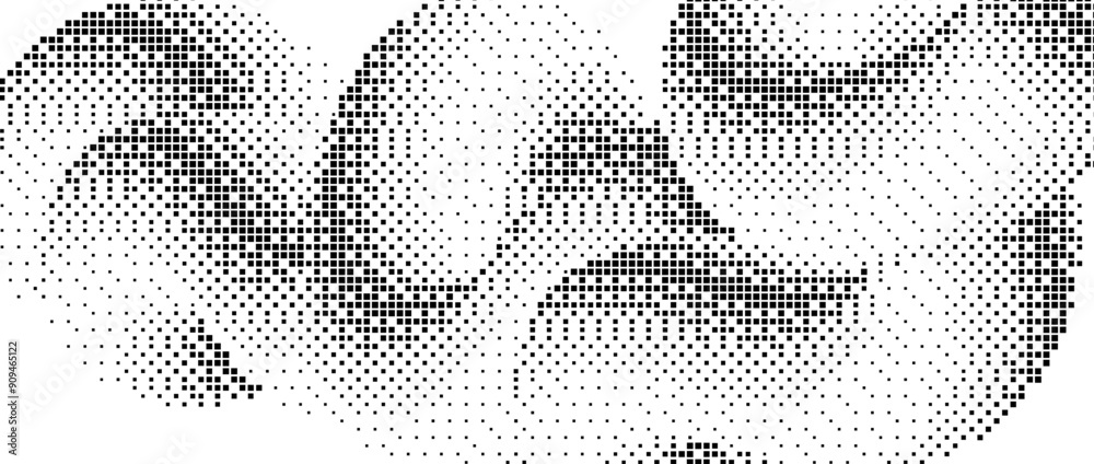 Poster pixelated gradient squiggle shape. black dither wave texture background. dotted fluid curvy form for