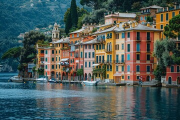 Obraz premium Charming waterfront view of Portofino, Italy with vibrant, colorful buildings reflecting in the serene water under a clear sky.