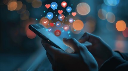 Close-up of person's hand using smart phone and typing message for communication with social media icons. Network technology concept