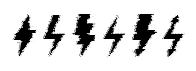 Halftone grunge lightning bolt collection. Dotted thunder bolt symbol set. Rough pixel flash thunderbolt element pack for poster, banner, graphic design. Textured grain arrow sign bundle. Vector