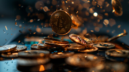 A stunning close-up of Bitcoin coins splashing across a surface, showcasing the digital currency's value and allure.