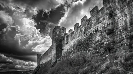 Ancient Stone Walls Reaching Towards Dramatic Clouds