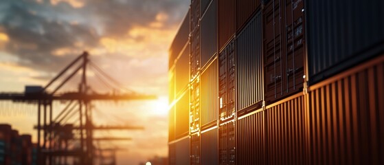 Global trade visualized with stacked containers at a bustling shipping port, focusing on logistics infrastructure