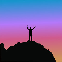 Silhouette victory vector illustration with gradient background blue, pink, magenta