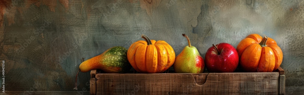 Poster a wooden crate sits on a rustic background, filled with an assortment of fall produce. a large orang