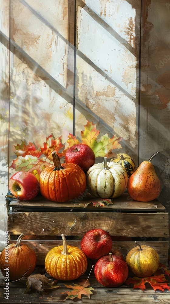 Poster a collection of pumpkins, apples, and a pear sit on a rustic wooden crate and on the floor in front 