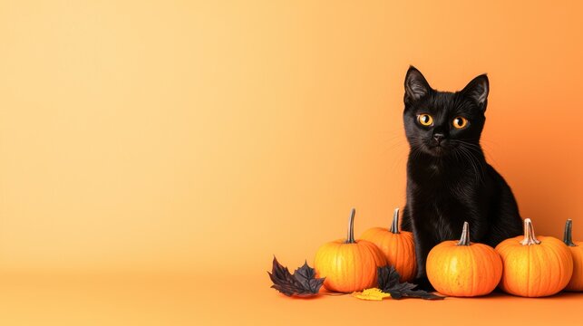 Black cat among pumpkins on an orange background, perfect for Halloween imagery