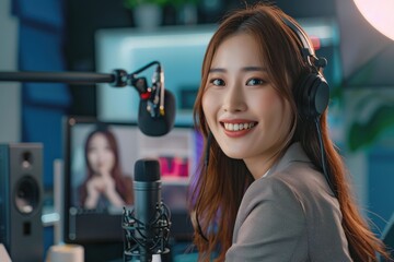 部屋で動画配信の撮影をする女性会社員（副業・ライブ配信・YouTube・ ユーチューバー・クリエイター）