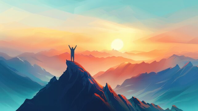 A freedom successful background depicting a person standing on a mountain peak at sunrise, arms raised in victory, with a panoramic view of valleys and distant peaks under a clear, azure sky,
