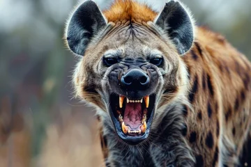  Spotted hyena growling showing its teeth in nature © ylivdesign