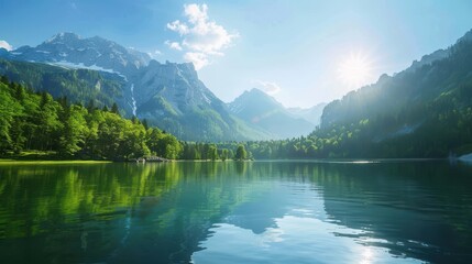Beautiful scenery background featuring a serene lake surrounded by mountains and forests under a clear sky creating a tranquil and inspiring look perfect for conveying natural beauty and serenity