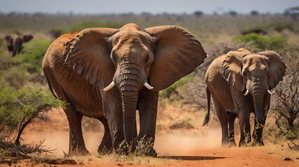 Fototapeta premium A dusty path in a grassy field. The elephant in the foreground has large ears and tusks.