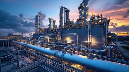 sleek hydrogen power plant with gleaming steel tanks and intricate piping system clean energy facility set against dramatic sky symbolizing sustainable industrial future