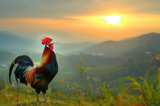 Rooster crowing in the morning with sunrise.