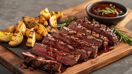 Casual Setup of Medium-Rare Grilled Striploin Steak with Roasted Potatoes and Barbecue Sauce 