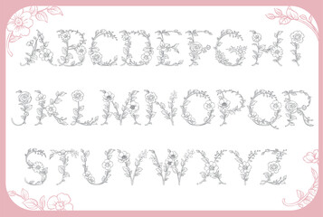 エレガントな花を使ったデザイン文字(アルファベット)のセット。ベクター素材。