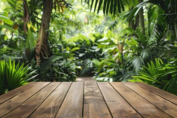 Fototapeta premium Wood table top podium floor in a vibrant autumn forest background