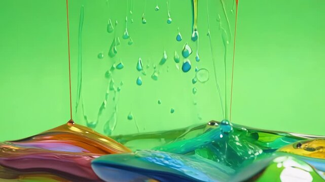 Gathering at the bottom of the canvas the dripped paint creates a pool of colors like a reflection of a stained glass window. Green screen chromakey
