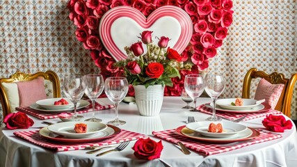 Romantic Valentine's Day Dinner Table Setting with Red Roses - Powered by Adobe