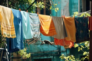 Colorful fresh laundry is drying on a clothesline in the sun