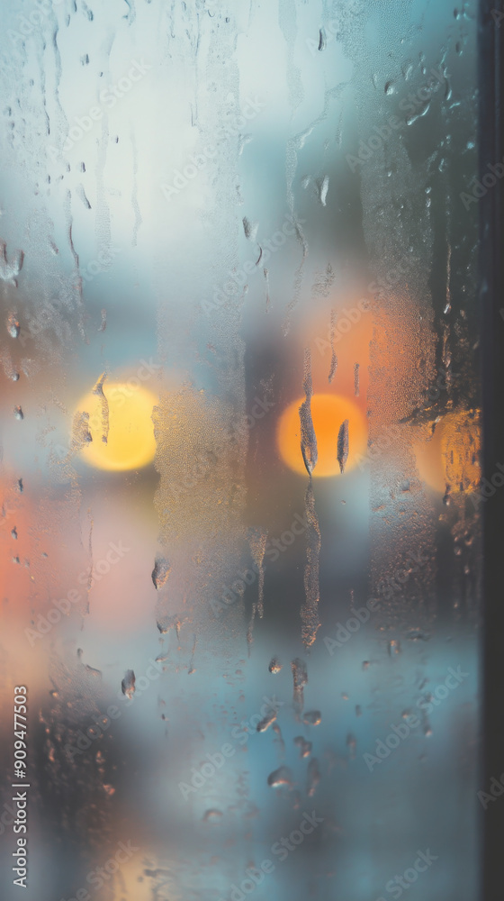 Wall mural raindrops on a foggy window with blurred city lights background, serene and moody atmosphere
