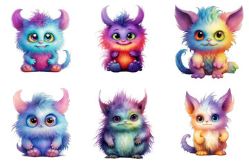 Fototapeta premium Six Colorful Furry Creatures with Big Eyes