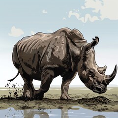 Fototapeta premium A powerful rhinoceros charges through the African savanna, its muscular body and impressive horn making it a formidable sight