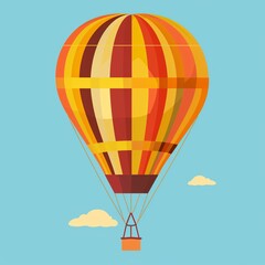 Fototapeta premium Create a illustration of a hot air balloon. The balloon should be orange and yellow with brown stripes and a brown basket. The sky should be blue with white clouds.