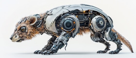 A futuristic robotic creature blending machine and animal design, showcasing sleek metallic features and realistic fur textures.