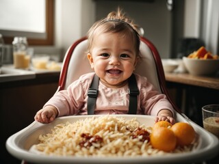 Happy baby in high chair with messy food