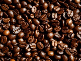 Obraz premium Overhead view of backdrop representing halves of dark brown coffee beans with pleasant scent. Ai Generative.