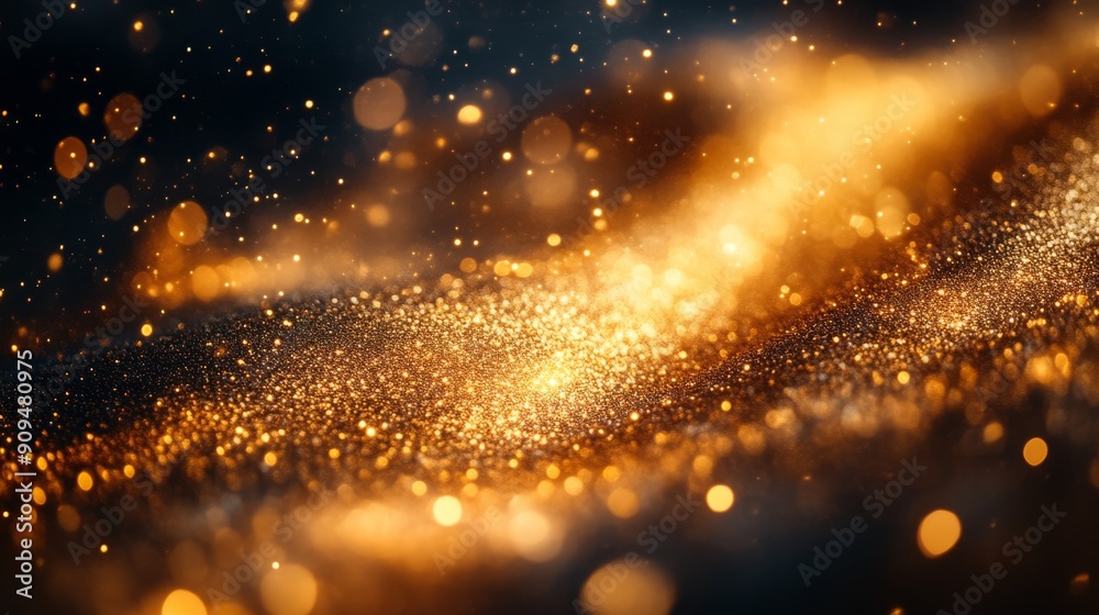 Poster abstract golden bokeh lights on dark background, sparkling and glowing particles. festive and magica