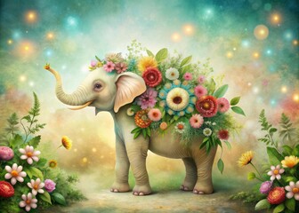 Whimsical beige elephant adorned with colorful flowers and lush greenery, set against a soft, dreamy background, creating a serene and peaceful fine art atmosphere.