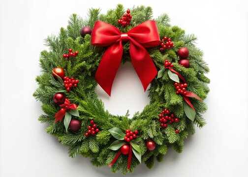 Beautiful festive Christmas wreath adorned with lush greenery and decorated with a radiant red ribbon bow against a clean white background for easy isolation.