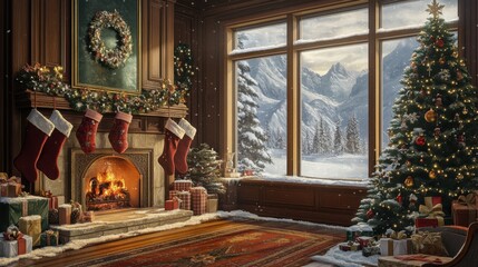 Fototapeta premium Festive Winter Wonderland - Cozy Living Room with Fireplace, Christmas Tree, Stockings, and Snowy View