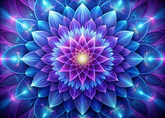 Vibrant, intricately patterned flower blooms with mesmerizing shades of purple and blue, radiating energy and tranquility in a stunning, otherworldly digital illustration.
