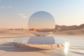 Empty circle product stand with Martian backdrop, clear sky, and reflections