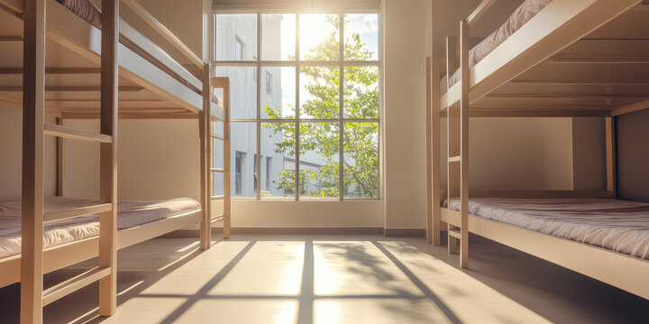 Simple empty bunk beds in sunny room. Shared bunk bed dormitory room, hostel accommodation interior. 