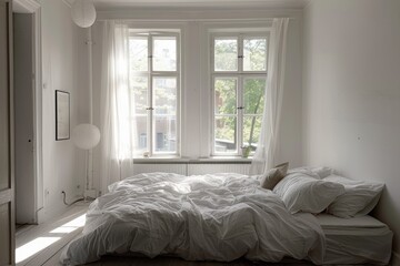 Cozy white bedroom with minimal design, soft bedding, and plenty of natural light