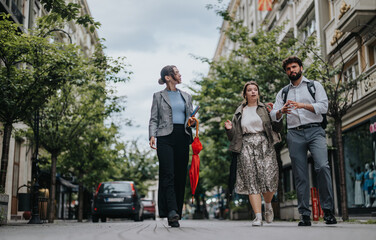Three businesspeople walking down a street, engaged in a casual and informal meeting discussion outdoors.