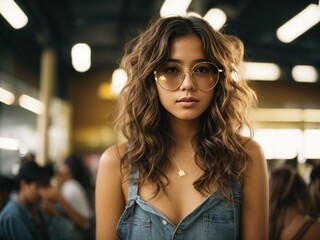 kawaii image of a girl with wavy brown hair and glasses