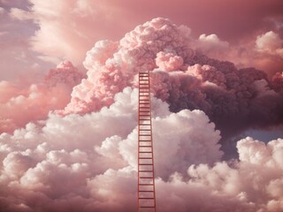 Fototapeta premium Ladder going up to a pink cloud